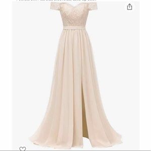 Lamosi Off Shoulder Chiffon Lace Bridesmaid Dress - Champagne/ Ivory Color